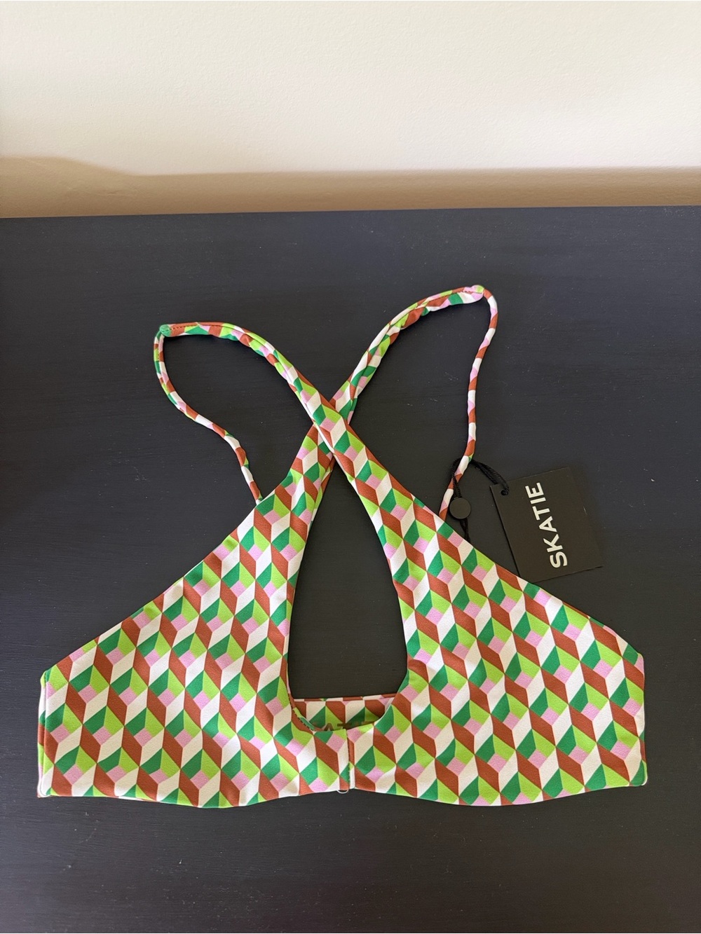 Skatie Jasmine Geometric Print Bikini Top — Green, Pink, White